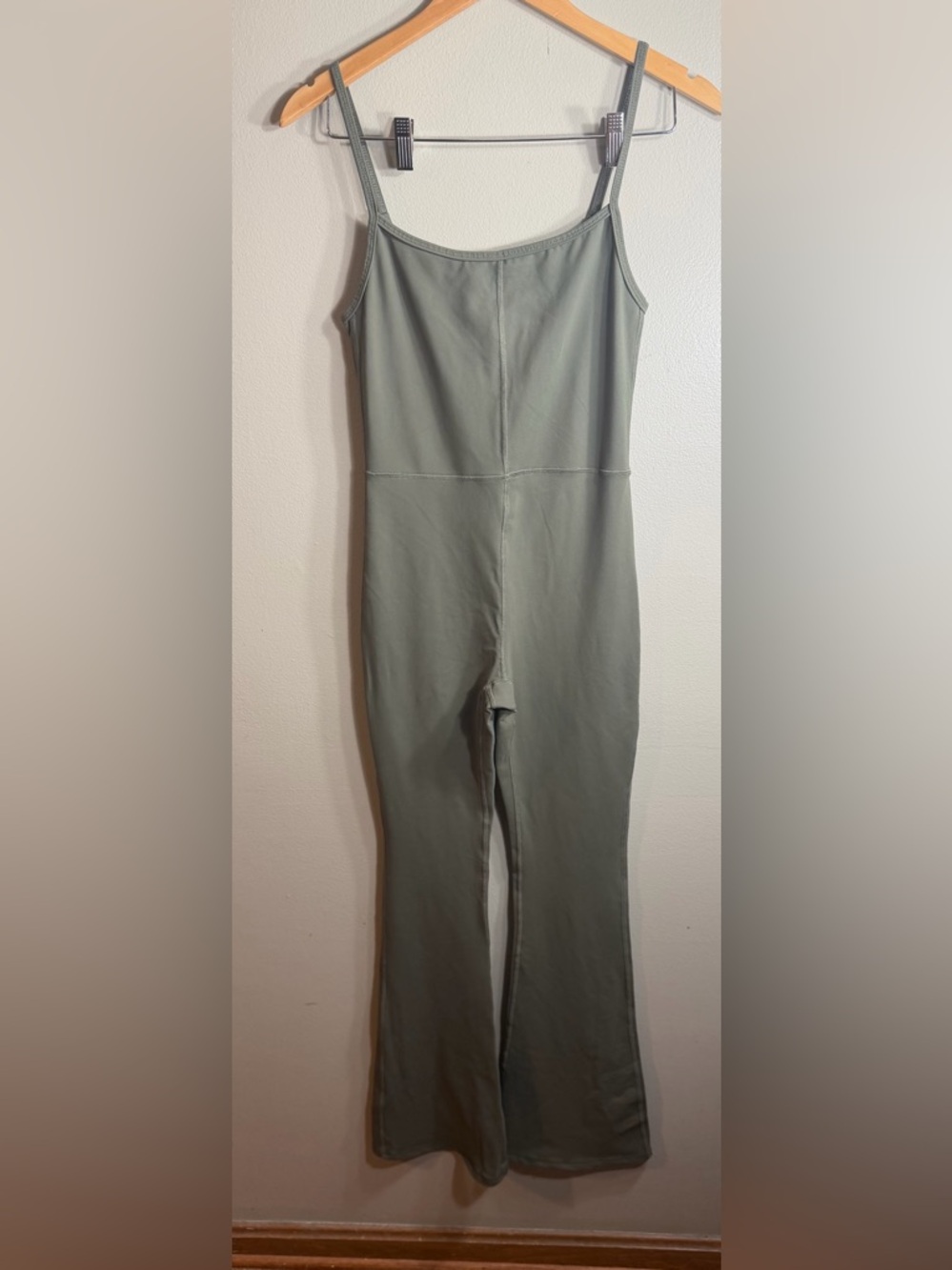 Qinsen Olive Green Flare Leg Jumpsuit Women Medium Yoga Bodysuit Cami Athleisure